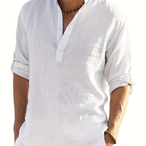 Riolio Men'S Casual Linen Roll Up Long Sleeve Shirt Cotton Shirts Henley T-Shirt Collar Vacation Tops - Image 5