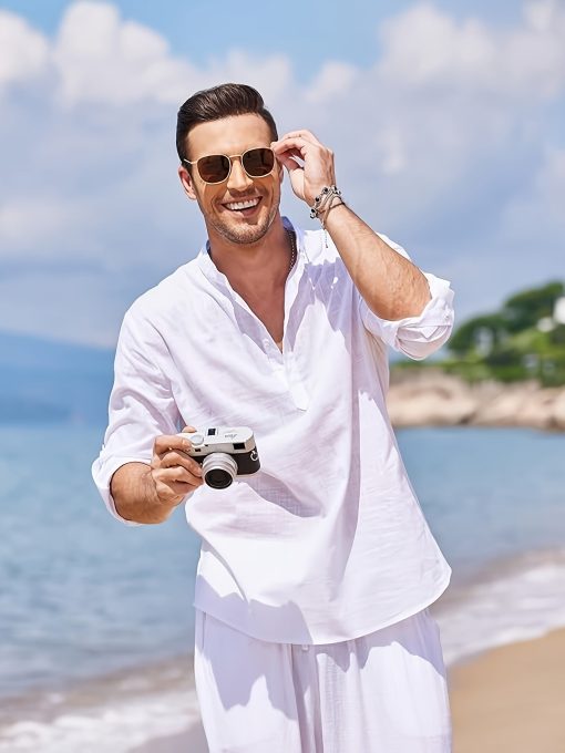 Riolio Men'S Casual Linen Roll Up Long Sleeve Shirt Cotton Shirts Henley T-Shirt Collar Vacation Tops - Image 3