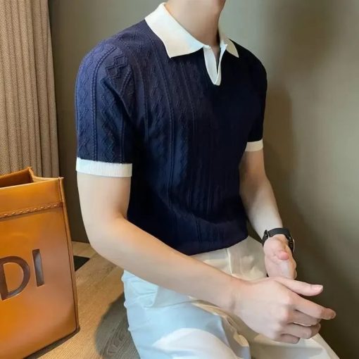 Riolio Men's Knit Short Sleeve Polo Shirt Casual Soft Supple High-end Feel Round Neck Loose-fit Top Japanese Style Solid Color - Image 4