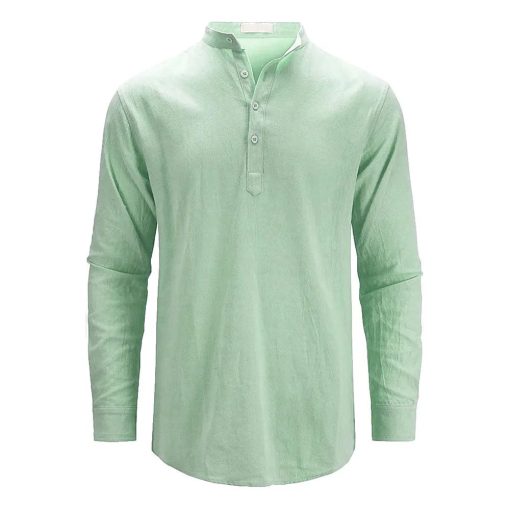 Riolio Men's Cotton Linen Long Sleeve Polo Shirt Lightweight Henley Neck Hawaiian Beach Style Solid Color Tops Vacation T-shirt - Image 10