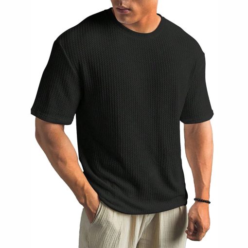 Riolio Mens Waffle Casual Breathable T-Shirt Summer New Fashion American Streetwear Simple Versatile Solid Color Top Unisex - Image 2