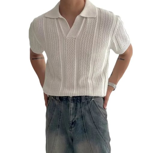 Riolio Men's Summer Korean Style Lightweight Knitshort Sleevespolo Shirt Hollow Mesh Texture Knitwear T-shirt Top Body Shirt - Image 5