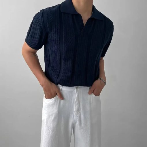 Riolio Men's Summer Korean Style Lightweight Knitshort Sleevespolo Shirt Hollow Mesh Texture Knitwear T-shirt Top Body Shirt - Image 7