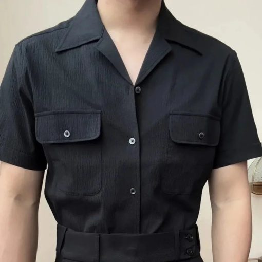 Riolio Mens Shirt Summer Retro Office Daily Pocket Short Sleeve Shirt Seersucker Light Cool Cuban Collar Top Simple Trendy Mens Clothes - Image 4