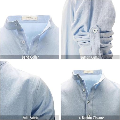 Riolio Men's Cotton Linen Long Sleeve Polo Shirt Lightweight Henley Neck Hawaiian Beach Style Solid Color Tops Vacation T-shirt - Image 5