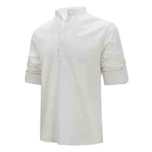 Riolio Men's Cotton Linen Long Sleeve Polo Shirt Lightweight Henley Neck Hawaiian Beach Style Solid Color Tops Vacation T-shirt - Image 4