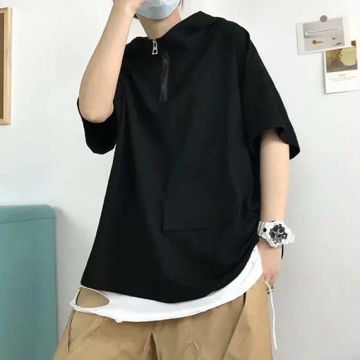 Riolio Trendy Summer Short Sleeve Men's T-shirt Loose Fit Half Sleeve Hooded Top Versatile Student Half Polo/turtle Neck Tees - Image 2
