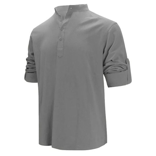 Riolio Men's Cotton Linen Long Sleeve Polo Shirt Lightweight Henley Neck Hawaiian Beach Style Solid Color Tops Vacation T-shirt - Image 3