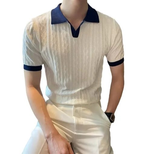 Riolio Men's Knit Short Sleeve Polo Shirt Casual Soft Supple High-end Feel Round Neck Loose-fit Top Japanese Style Solid Color - Image 5