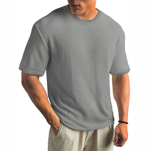 Riolio Mens Waffle Casual Breathable T-Shirt Summer New Fashion American Streetwear Simple Versatile Solid Color Top Unisex - Image 3