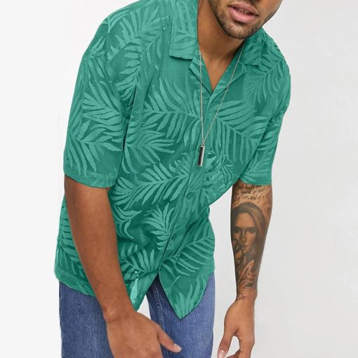 Riolio Men Y2k Leaf Print Hollow Casual Shirt Breathable Thin Streetwear Beach Vacation Harajuku Personality Versatile Tops Summer - Image 2