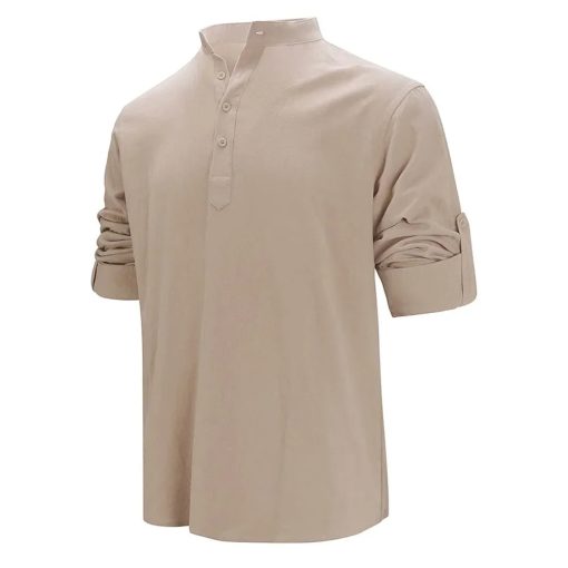 Riolio Men's Cotton Linen Long Sleeve Polo Shirt Lightweight Henley Neck Hawaiian Beach Style Solid Color Tops Vacation T-shirt - Image 2