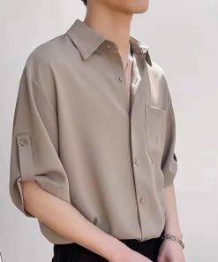 Riolio Trendy Korean Style Men's Short Sleeve Shirt Casual Lightweight Ice Silk Top High-end Feel For Summer Cool Comfort