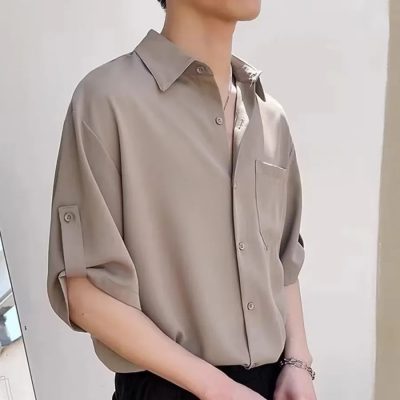 Riolio Trendy Korean Style Men's Short Sleeve Shirt Casual Lightweight Ice Silk Top High-end Feel For Summer Cool Comfort