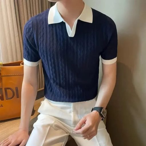 Riolio Men's Knit Short Sleeve Polo Shirt Casual Soft Supple High-end Feel Round Neck Loose-fit Top Japanese Style Solid Color - Image 6