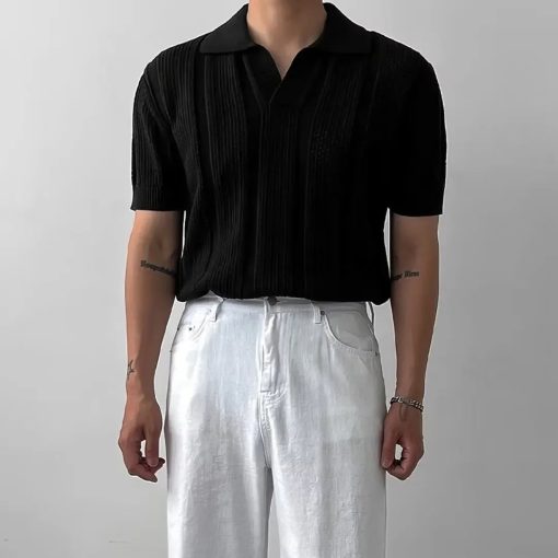 Riolio Men's Summer Korean Style Lightweight Knitshort Sleevespolo Shirt Hollow Mesh Texture Knitwear T-shirt Top Body Shirt - Image 6