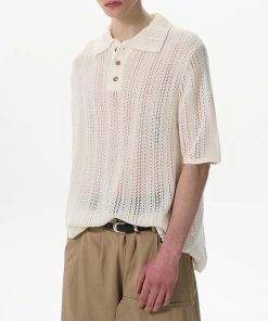 Riolio Summer New Men's Solid Color Hollow Short-Sleeved T-Shirt American Retro Fashion Trend Leisure Loose Breathable Men's Tops