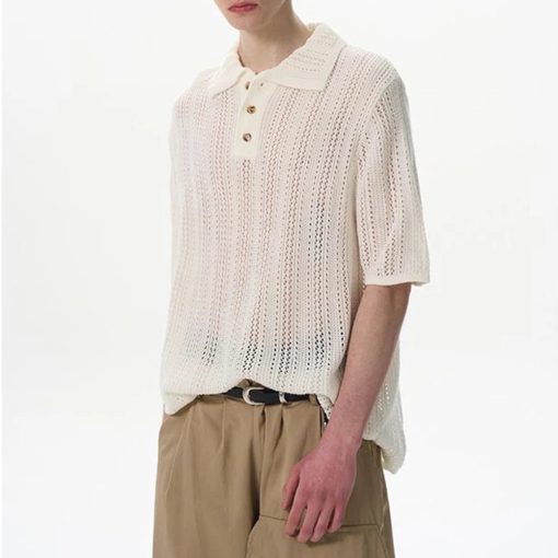 Riolio Summer New Men's Solid Color Hollow Short-Sleeved T-Shirt American Retro Fashion Trend Leisure Loose Breathable Men's Tops