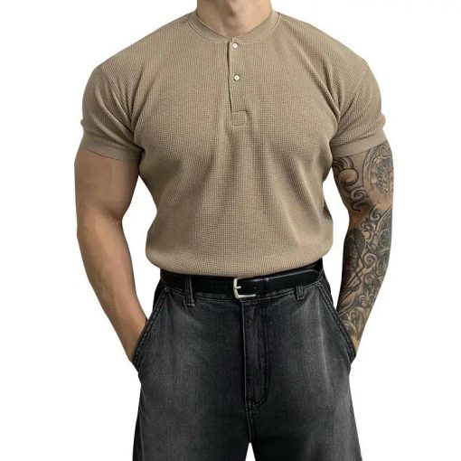 Riolio Summer New Luxury Solid Waffle Collar Button Polo Shirt Men Loose Korean Simple Trend Versatile Fashion Cotton Short Sleeved Top - Image 3