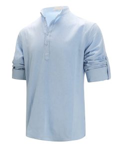 Riolio Men's Cotton Linen Long Sleeve Polo Shirt Lightweight Henley Neck Hawaiian Beach Style Solid Color Tops Vacation T-shirt