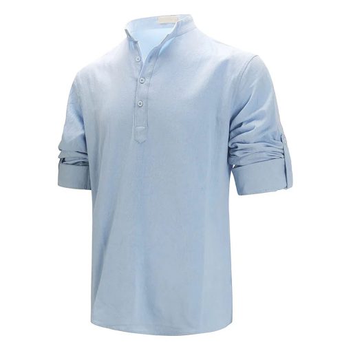 Riolio Men's Cotton Linen Long Sleeve Polo Shirt Lightweight Henley Neck Hawaiian Beach Style Solid Color Tops Vacation T-shirt