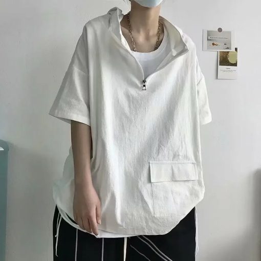 Riolio Trendy Summer Short Sleeve Men's T-shirt Loose Fit Half Sleeve Hooded Top Versatile Student Half Polo/turtle Neck Tees - Image 3