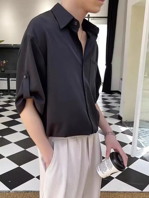 Riolio Trendy Korean Style Men's Short Sleeve Shirt Casual Lightweight Ice Silk Top High-end Feel For Summer Cool Comfort - Image 5