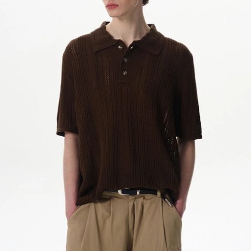 Riolio Summer New Men's Solid Color Hollow Short-Sleeved T-Shirt American Retro Fashion Trend Leisure Loose Breathable Men's Tops - Image 4