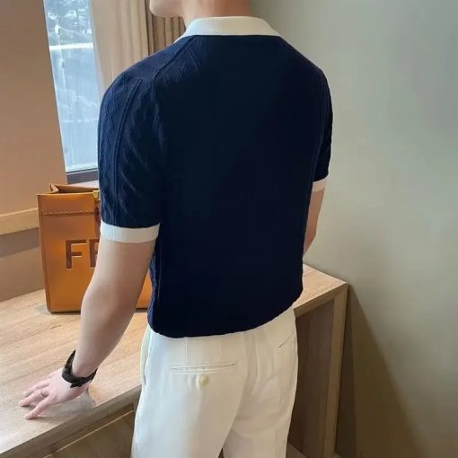 Riolio Men's Knit Short Sleeve Polo Shirt Casual Soft Supple High-end Feel Round Neck Loose-fit Top Japanese Style Solid Color - Image 3