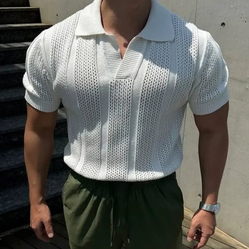 Riolio Men's Summer Korean Style Lightweight Knitshort Sleevespolo Shirt Hollow Mesh Texture Knitwear T-shirt Top Body Shirt - Image 8