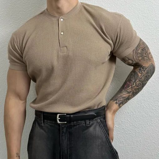 Riolio Summer New Luxury Solid Waffle Collar Button Polo Shirt Men Loose Korean Simple Trend Versatile Fashion Cotton Short Sleeved Top - Image 4