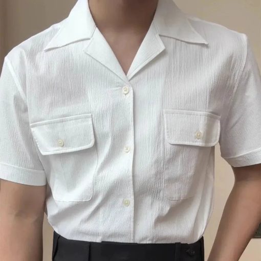 Riolio Mens Shirt Summer Retro Office Daily Pocket Short Sleeve Shirt Seersucker Light Cool Cuban Collar Top Simple Trendy Mens Clothes - Image 3