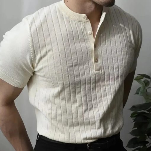 Riolio New Men's American Striped Solid Color Short-Sleeved T-Shirt Retro Fashion Casual Trend Slim Simple Versatile Men's Tops - Image 2