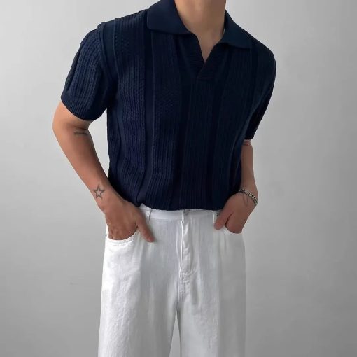 Riolio Men's Summer Korean Style Lightweight Knitshort Sleevespolo Shirt Hollow Mesh Texture Knitwear T-shirt Top Body Shirt - Image 3