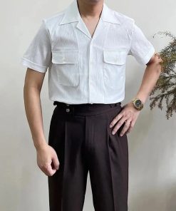 Riolio Mens Shirt Summer Retro Office Daily Pocket Short Sleeve Shirt Seersucker Light Cool Cuban Collar Top Simple Trendy Mens Clothes