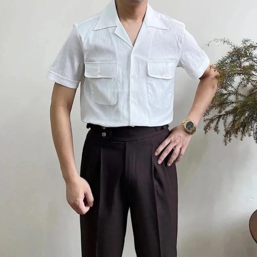 Riolio Mens Shirt Summer Retro Office Daily Pocket Short Sleeve Shirt Seersucker Light Cool Cuban Collar Top Simple Trendy Mens Clothes