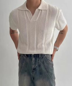 Riolio Men's Summer Korean Style Lightweight Knitshort Sleevespolo Shirt Hollow Mesh Texture Knitwear T-shirt Top Body Shirt