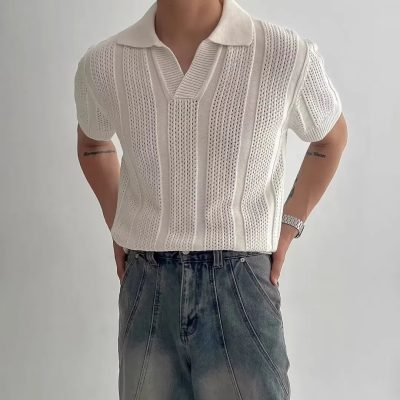 Riolio Men's Summer Korean Style Lightweight Knitshort Sleevespolo Shirt Hollow Mesh Texture Knitwear T-shirt Top Body Shirt
