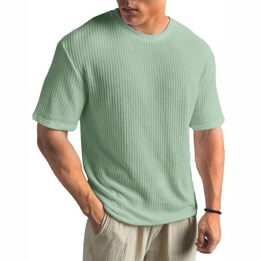 Riolio Mens Waffle Casual Breathable T-Shirt Summer New Fashion American Streetwear Simple Versatile Solid Color Top Unisex
