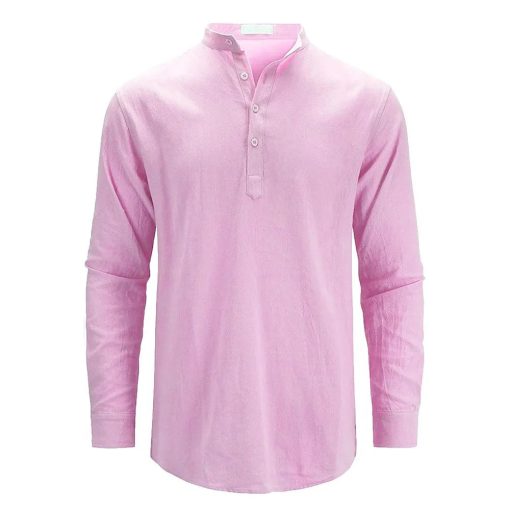 Riolio Men's Cotton Linen Long Sleeve Polo Shirt Lightweight Henley Neck Hawaiian Beach Style Solid Color Tops Vacation T-shirt - Image 12