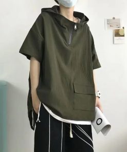 Riolio Trendy Summer Short Sleeve Men's T-shirt Loose Fit Half Sleeve Hooded Top Versatile Student Half Polo/turtle Neck Tees