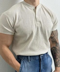 Riolio Summer New Luxury Solid Waffle Collar Button Polo Shirt Men Loose Korean Simple Trend Versatile Fashion Cotton Short Sleeved Top