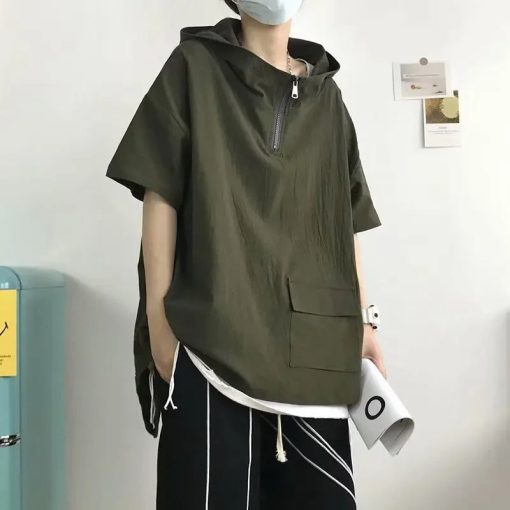 Riolio Trendy Summer Short Sleeve Men's T-shirt Loose Fit Half Sleeve Hooded Top Versatile Student Half Polo/turtle Neck Tees - Image 6