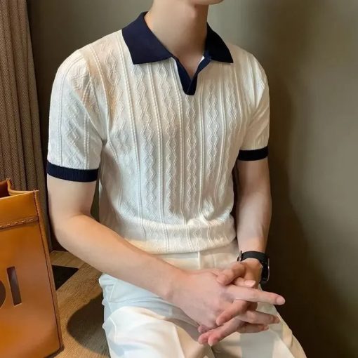 Riolio Men's Knit Short Sleeve Polo Shirt Casual Soft Supple High-end Feel Round Neck Loose-fit Top Japanese Style Solid Color - Image 2