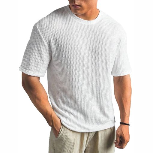 Riolio Mens Waffle Casual Breathable T-Shirt Summer New Fashion American Streetwear Simple Versatile Solid Color Top Unisex - Image 12