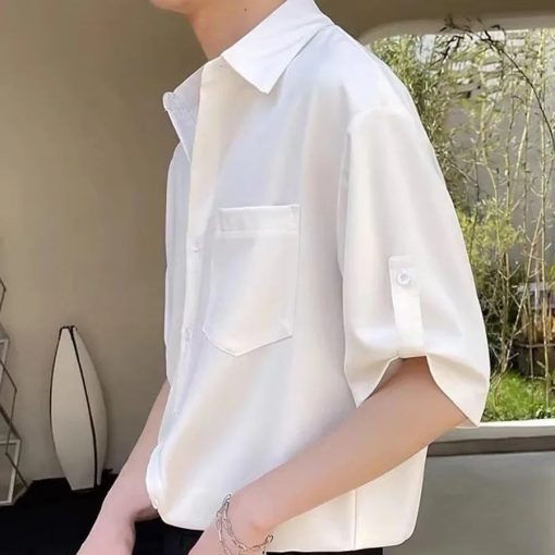 Riolio Trendy Korean Style Men's Short Sleeve Shirt Casual Lightweight Ice Silk Top High-end Feel For Summer Cool Comfort - Image 2