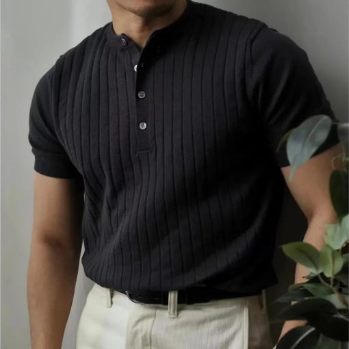 Riolio New Men's American Striped Solid Color Short-Sleeved T-Shirt Retro Fashion Casual Trend Slim Simple Versatile Men's Tops - Image 3