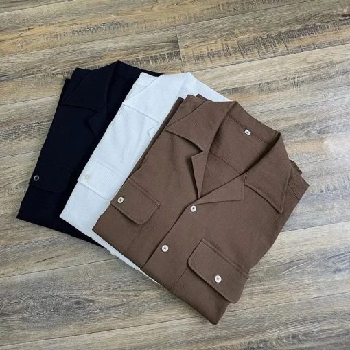 Riolio Mens Shirt Summer Retro Office Daily Pocket Short Sleeve Shirt Seersucker Light Cool Cuban Collar Top Simple Trendy Mens Clothes - Image 2