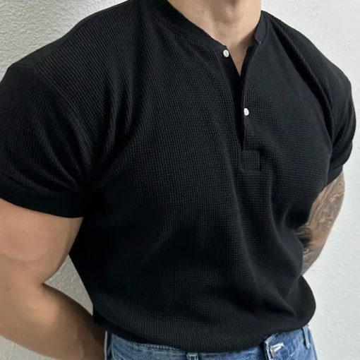 Riolio Summer New Luxury Solid Waffle Collar Button Polo Shirt Men Loose Korean Simple Trend Versatile Fashion Cotton Short Sleeved Top - Image 5