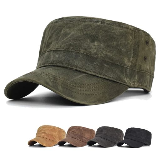 Riolio Waxed Canvas Cotton Military Caps Men Waterproof Cadet Army Cap Unique Design Vintage Flat Top Hat